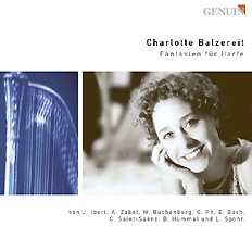 CD album cover 'Fantasias for Harp' (GEN 03025) with Charlotte Balzereit